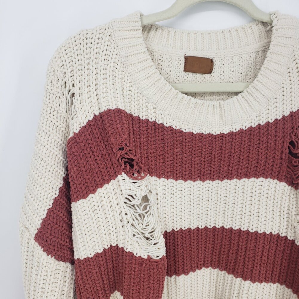 POL Distressed Striped Chenille Sweater Women M Cream Oversized Chunky Grunge - Picture 4 of 7